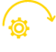 Weißes Icon zum Thema Produktion mit der Darstellung eines Kreislaufs mit 2 Pfeilen (einer gelb), die sich um 2 Zahnräder drehen.