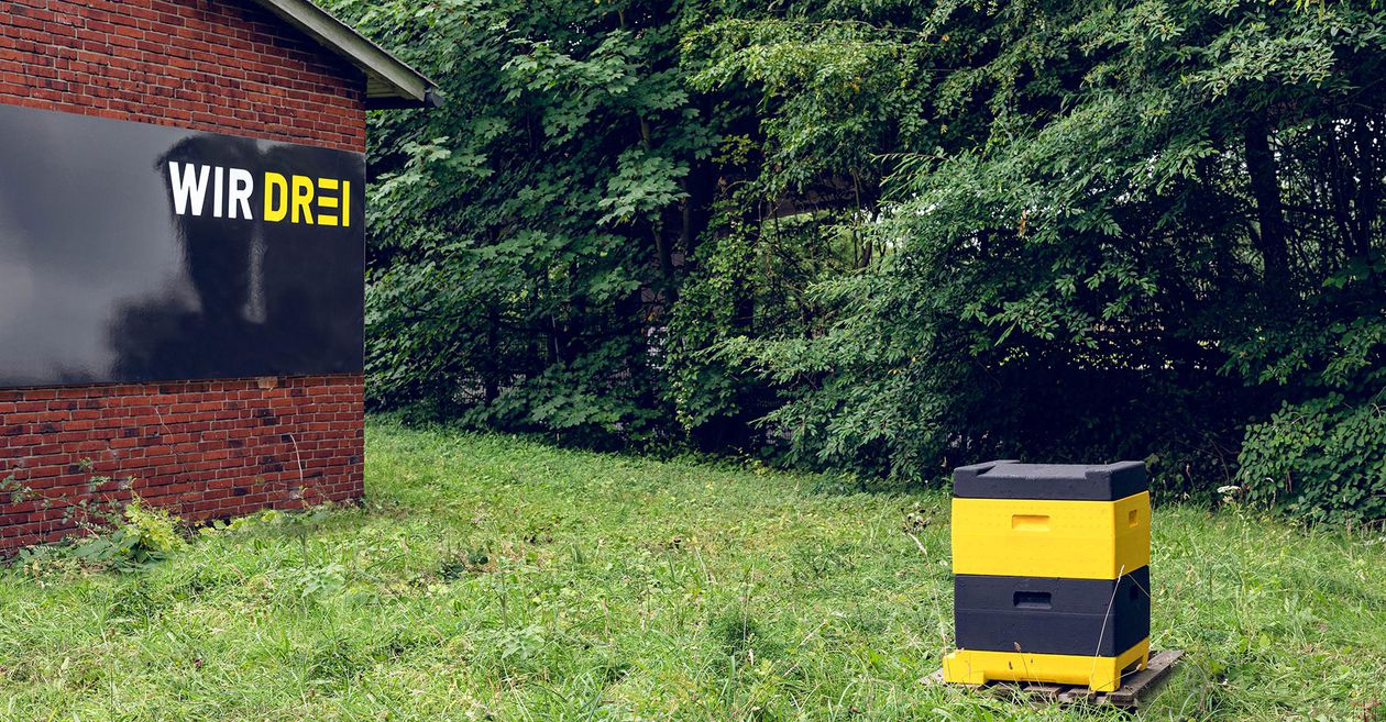 Bienenkasten im Garten neben einem Haus an dem ein Poster von WIR DREI hängt.