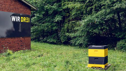 Bienenkasten im Garten neben einem Haus an dem ein Poster von WIR DREI hängt.