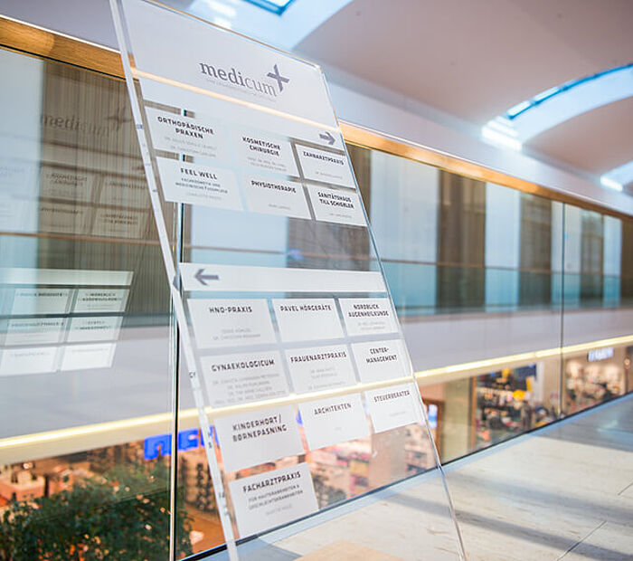 Wegeleitsystem Stele auf Glas in der zweiten Etage einer Shopping-Mall.