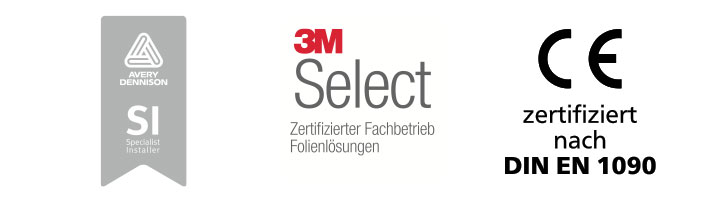 Abbildung der Logos von Avery Dennison und 3M Select und dem Zertifikatszeichen nach DIN EN 1090.